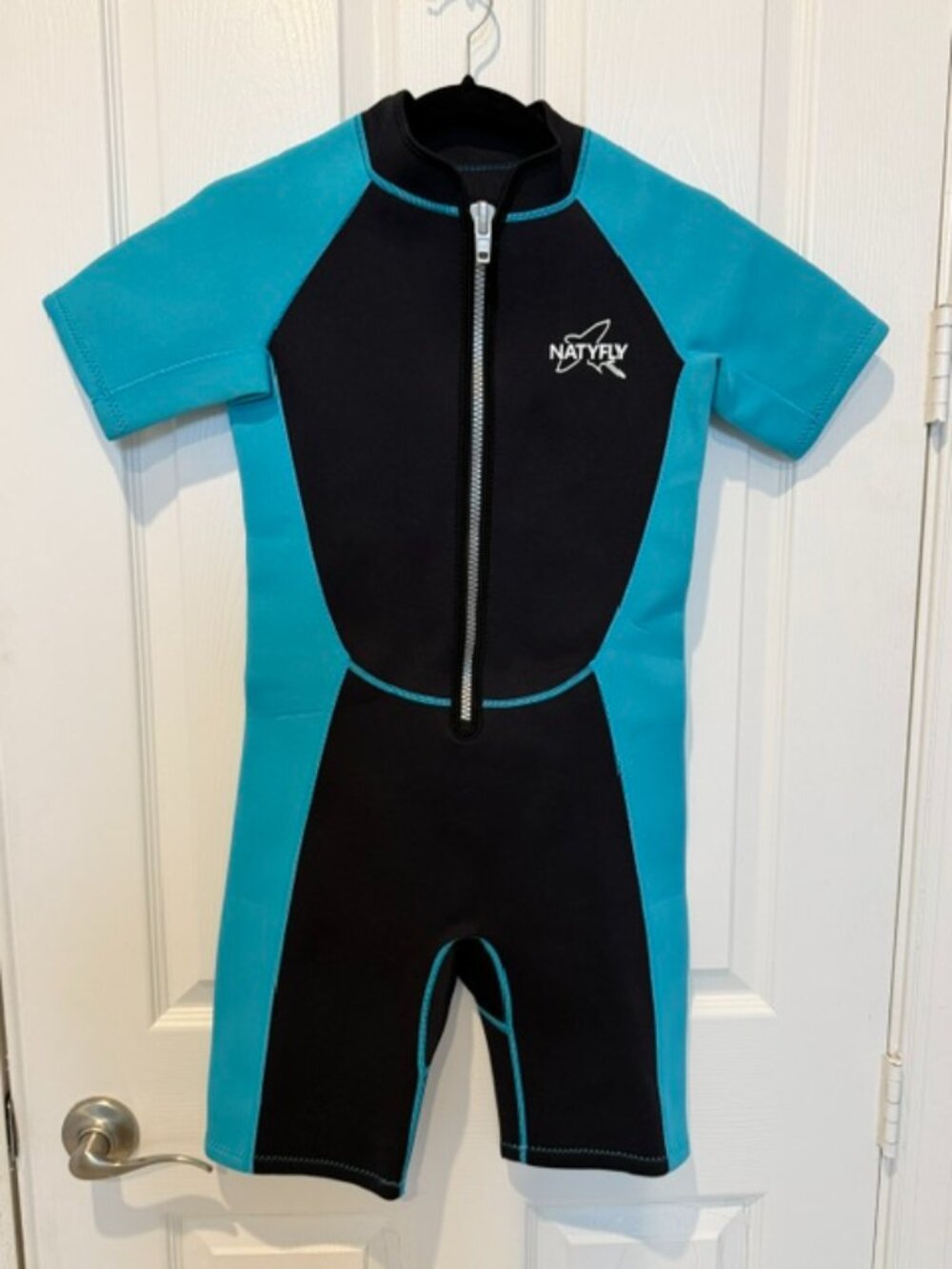 Natyfly Shorty Wetsuit Size 12 Black Aqua Front Zip Neoprene Swim Surf